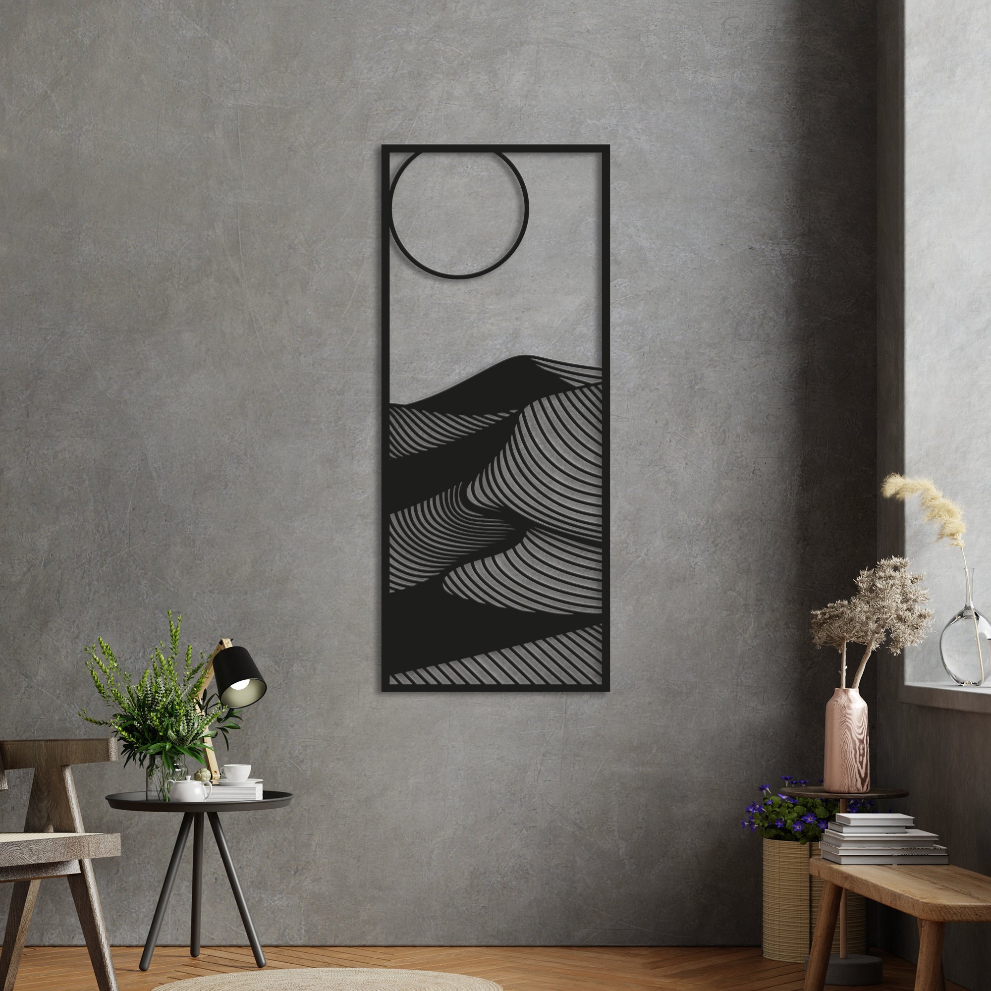 Abstract nature themed mountain dunes with sun Steel Wall Art. Modern metal wall Hanging Decor.