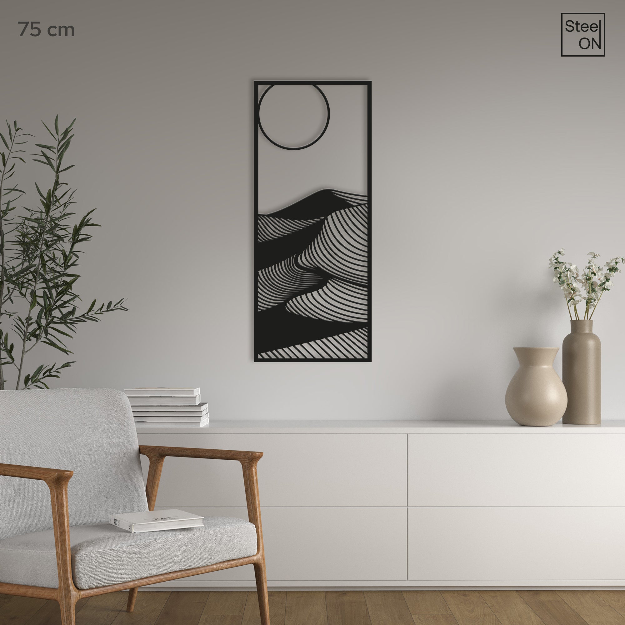 Abstract nature themed mountain dunes with sun Steel Wall Art. Modern metal wall Hanging Decor.