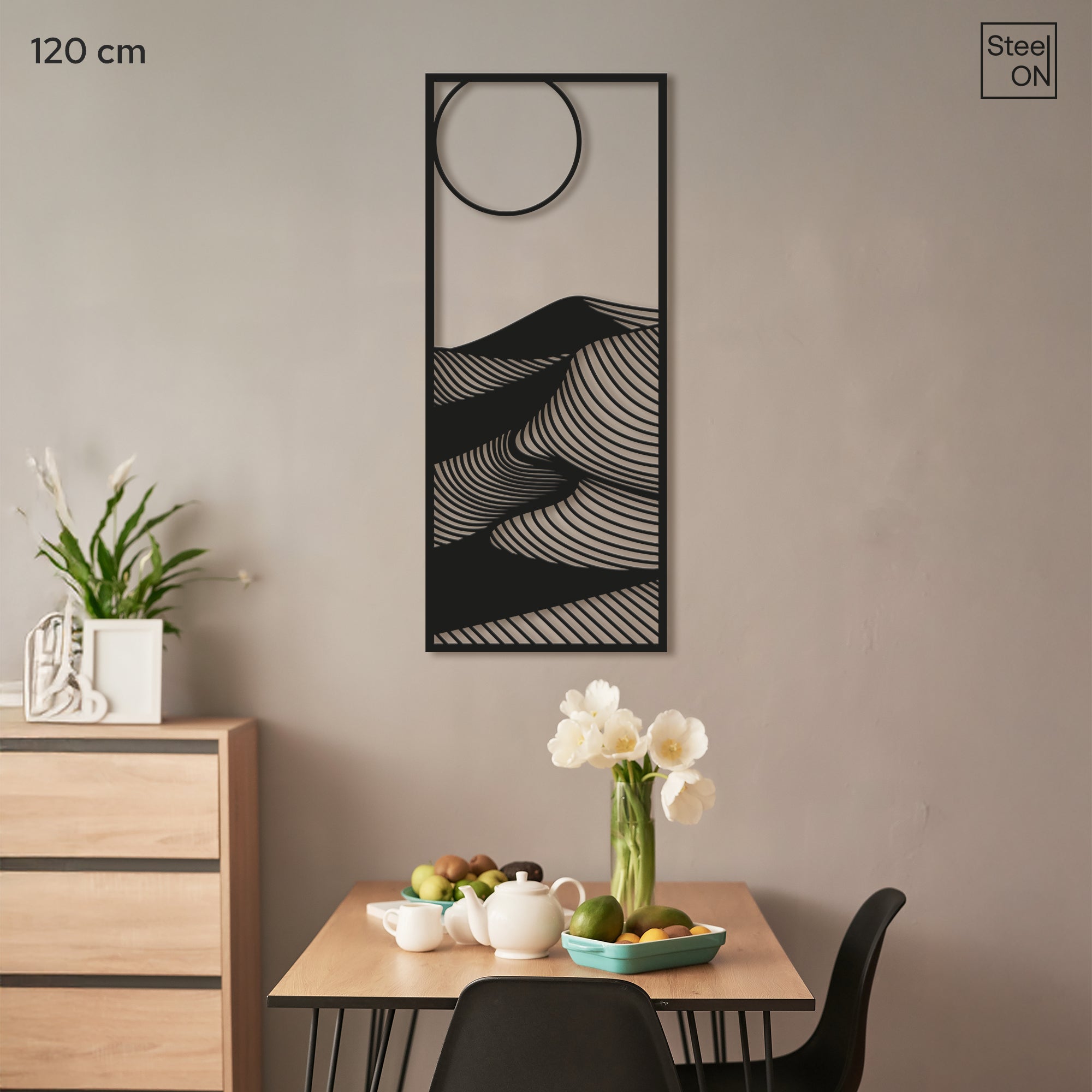 Abstract nature themed mountain dunes with sun Steel Wall Art. Modern metal wall Hanging Decor.