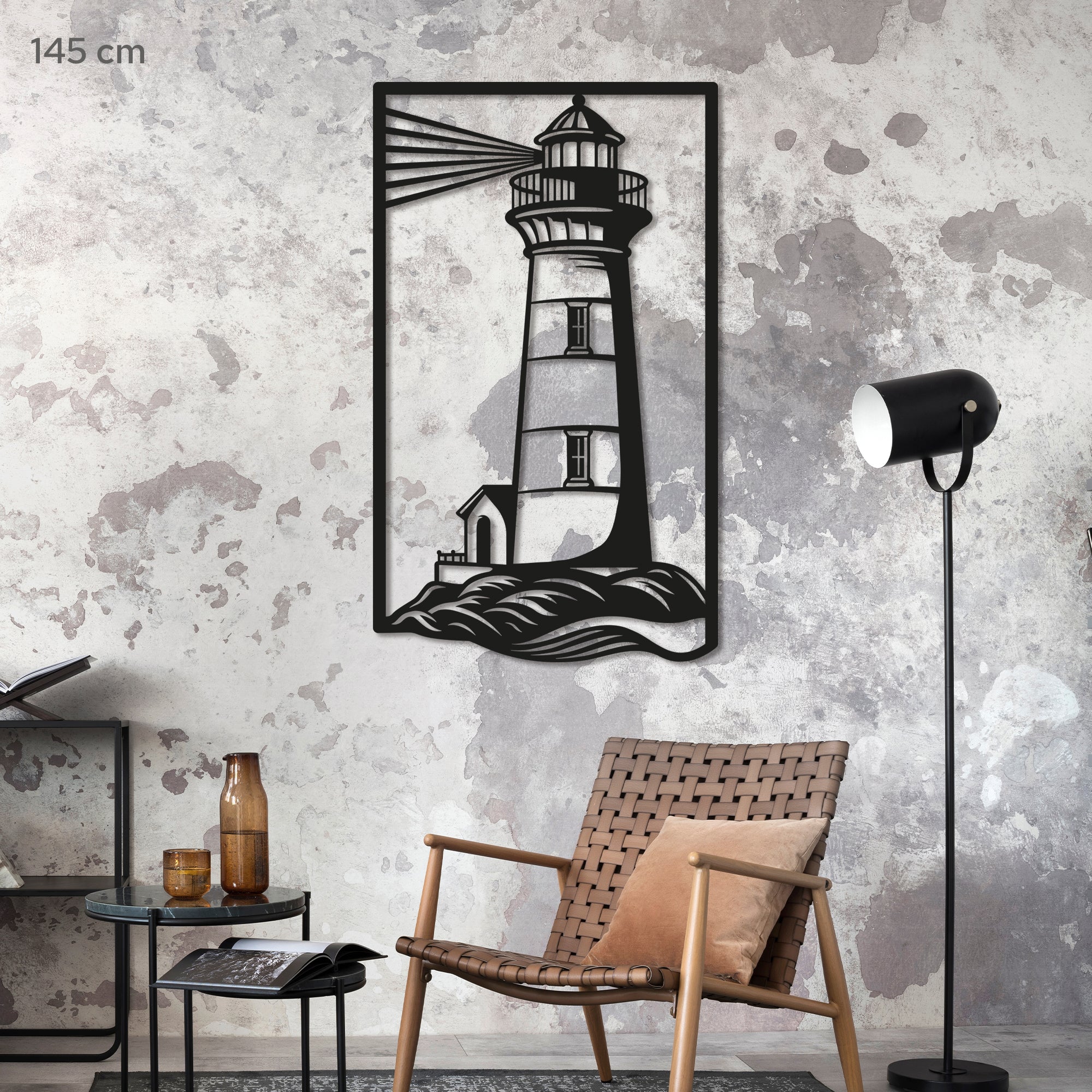 Lighthouse Metal Wall Art – Nautical Coastal Decor for Living Room or Bedroom. Black Steel Wall Decoration. Modern Ocean-Themed Metal Art